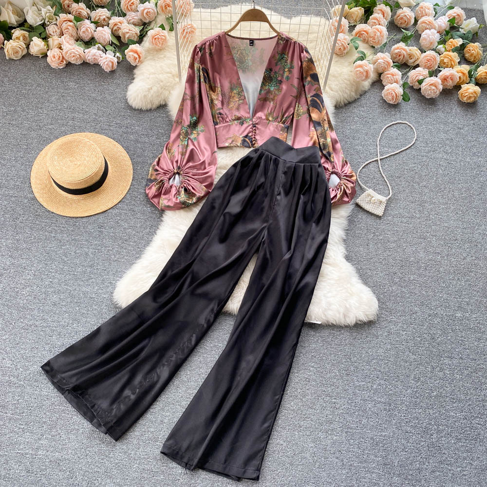 Комплект женский рубашка V-вырез и брюки высокая талия