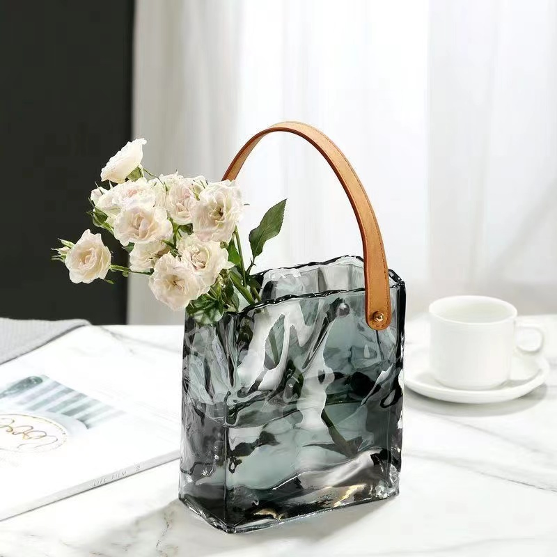 Art Craft Handmade Glass Bag Vase with Leather Handle for Home Decor