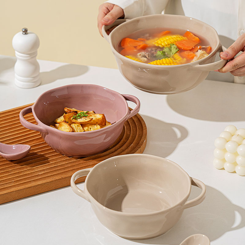Durable Ear Soup Bowl Ceramic Tableware Serving Ramen Noodles Bowls with Handle