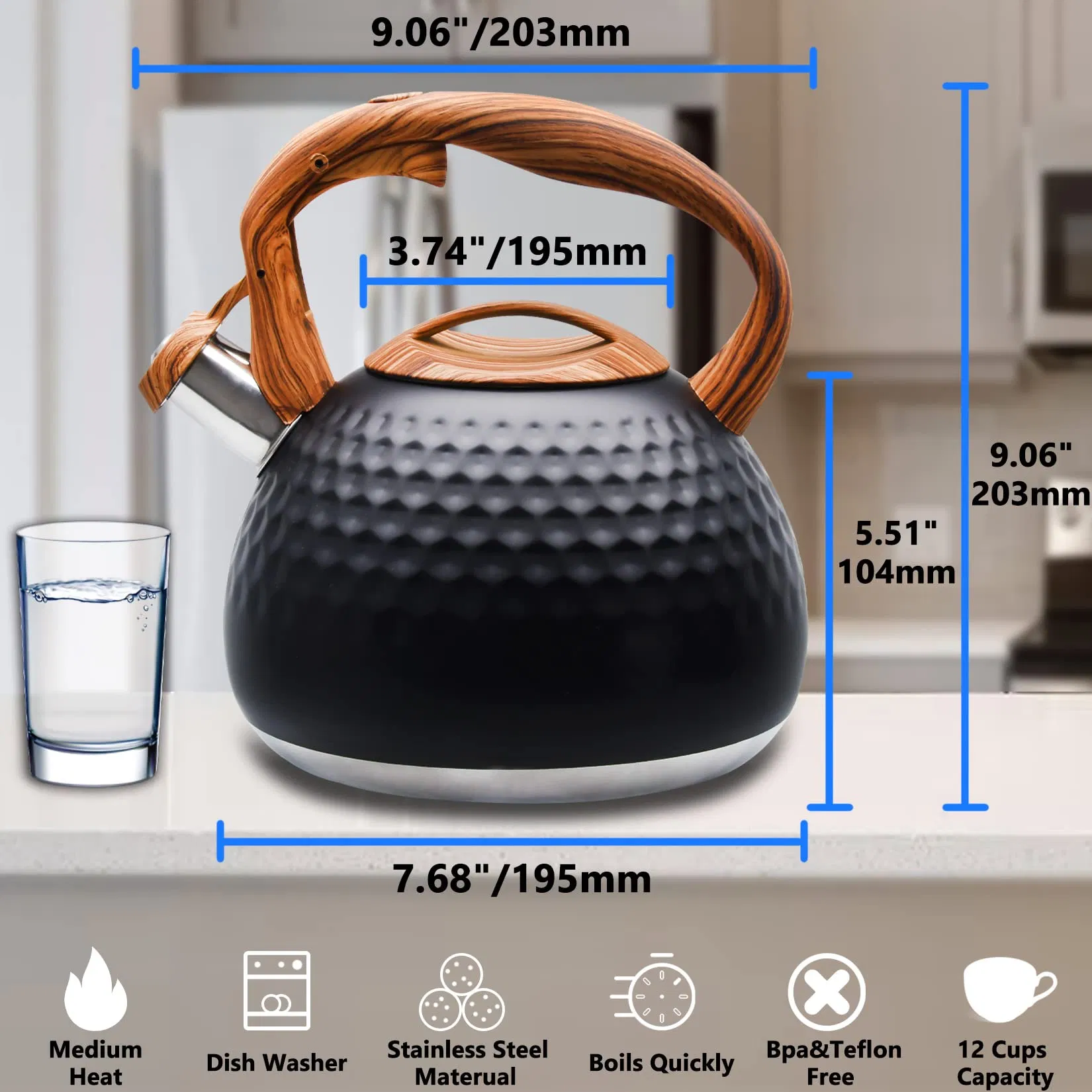 Wholesale 3.2 Quart Tea Stainless Steel Whistling Stovetop Teapot Wood Handle Kettle
