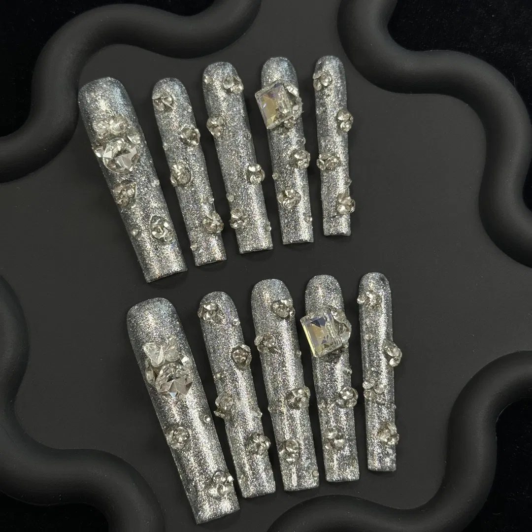 French Fake Nails Tip Custom Private Label Fingernail Silver Glitter Coffin Rhinestone French False Press on Nails