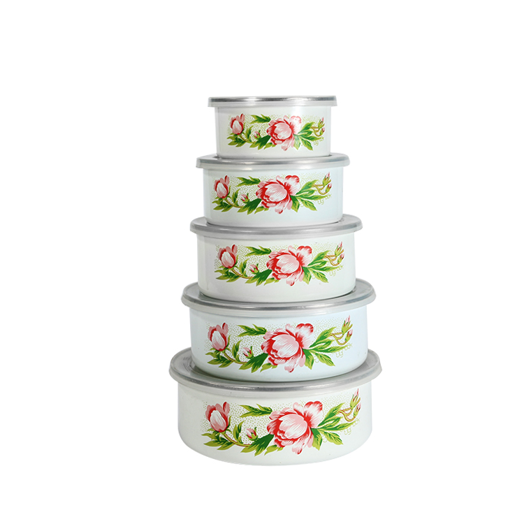 High Quality 5PCS Enamel Salad Bowl with Plastic Lid