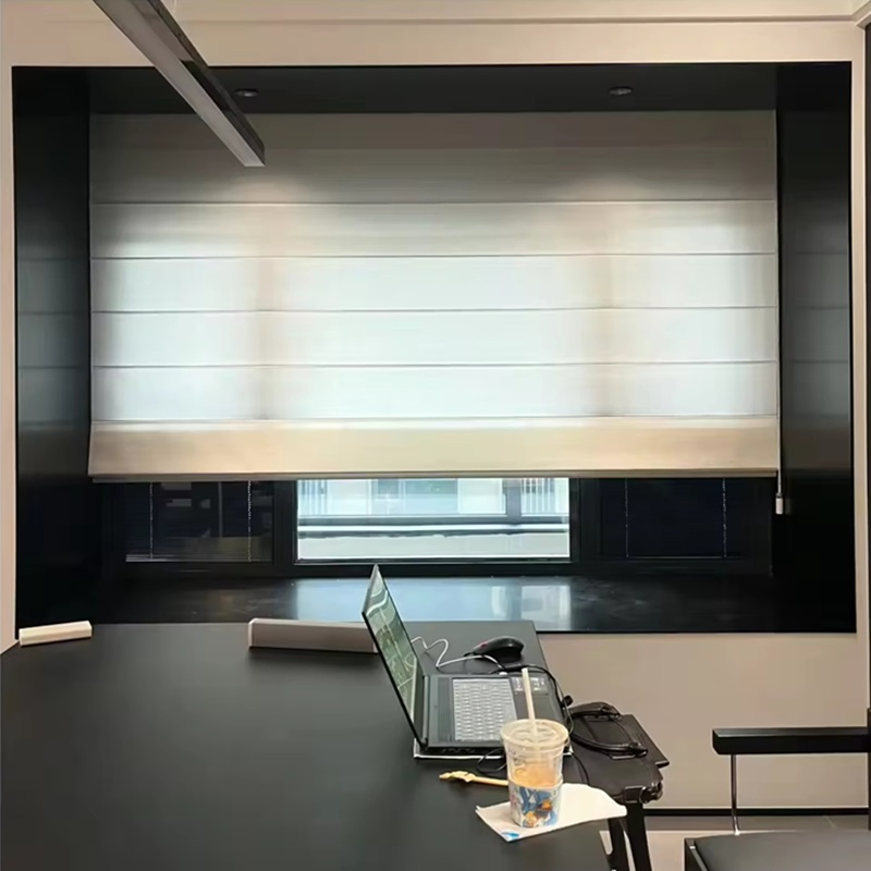 Linen Blend Fabric Room Darker Remote Pleated Roman Blinds