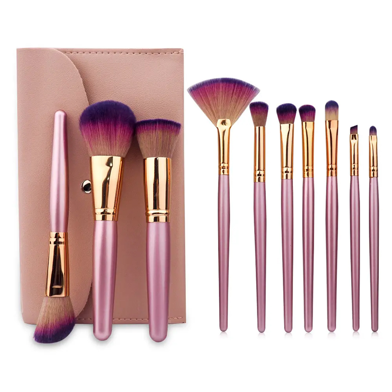 Hot Sale Wholesale Customized Logo High Quality Face Powder Eye Cosmetics 10PCS Purple Makeup Brush Set with Bag