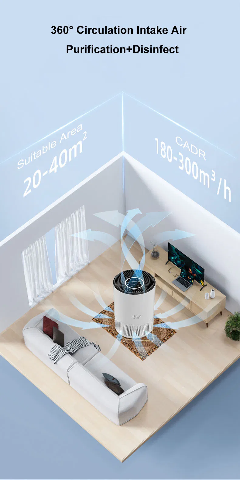 Tuya WiFi Mobile APP Remote Control Desktop Home Pm2.5 HEPA Filter Air Cealning Air Purifier Work with Alexa and Google Home