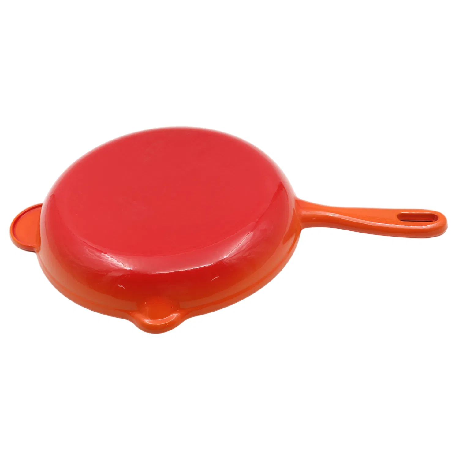 Vibrant Orange Enameled Cast Iron Frying Pan with Dual Spouts and Helper Handle for Searing Skillet