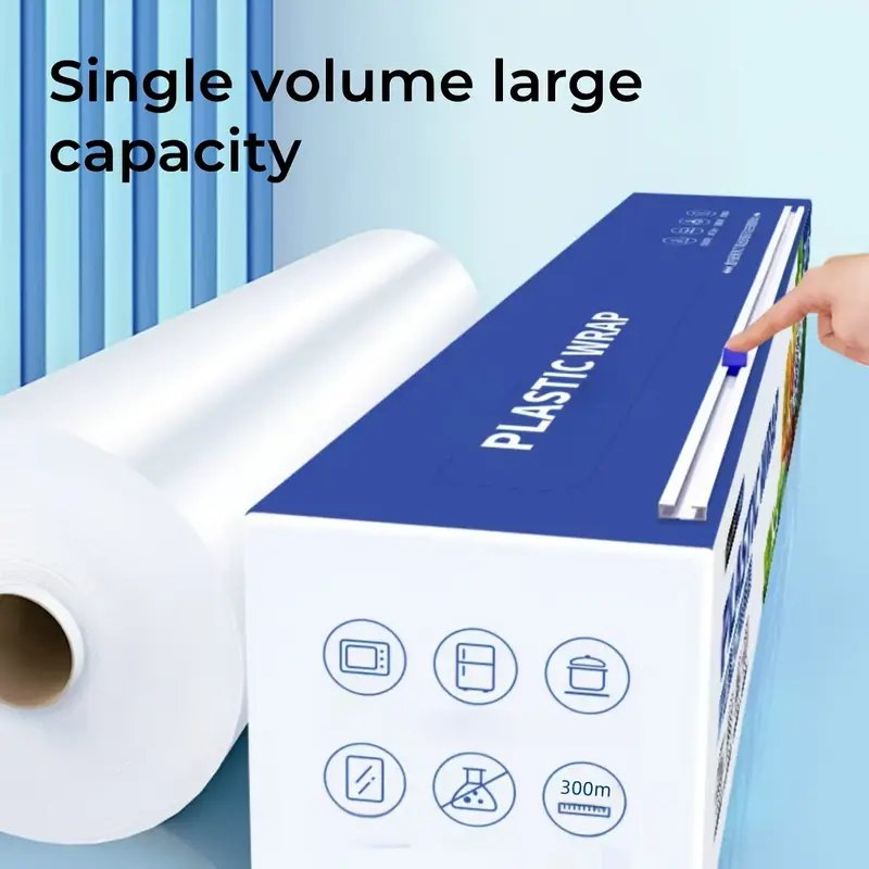 PE Plastic Wrap Cling Frim with 984FT/300m - Super Durable, Hand-Tear, Trouble-Free, Perfect Cutting, Suction Cup Cutter, Ideal for Kitchen & Holiday Gifts