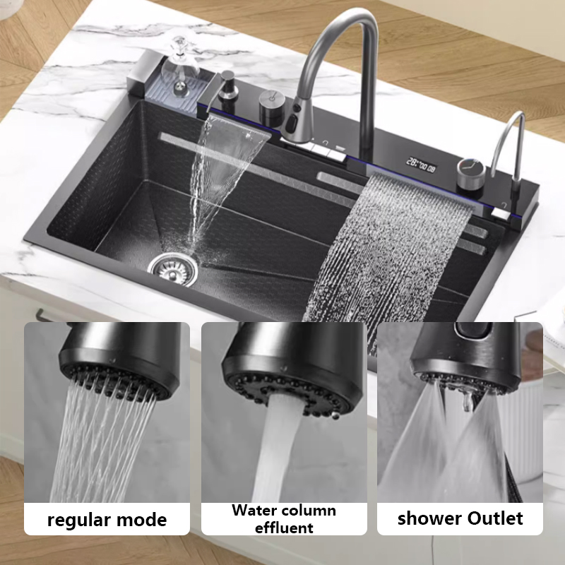 Modern Kitchen Sink 304 Stainless Steel Single Bowl Black Nano Smart Waterfall Sink Fregadero Cocina
