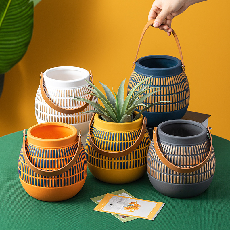 Кашпо керамическое подвесное для суккулентов кожаный ремешок