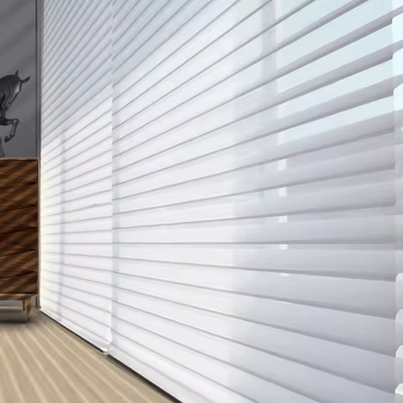 Custom Shangri-La Roller Shades with Stripes Pattern Room Triple Sheer