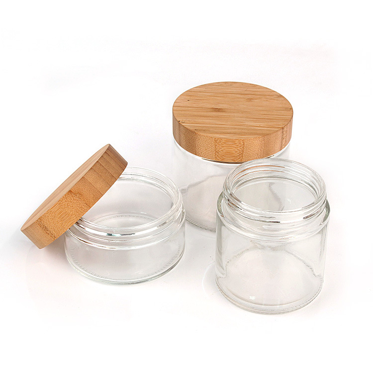 Матовые стеклянные баночки для косметики с деревянной крышкой