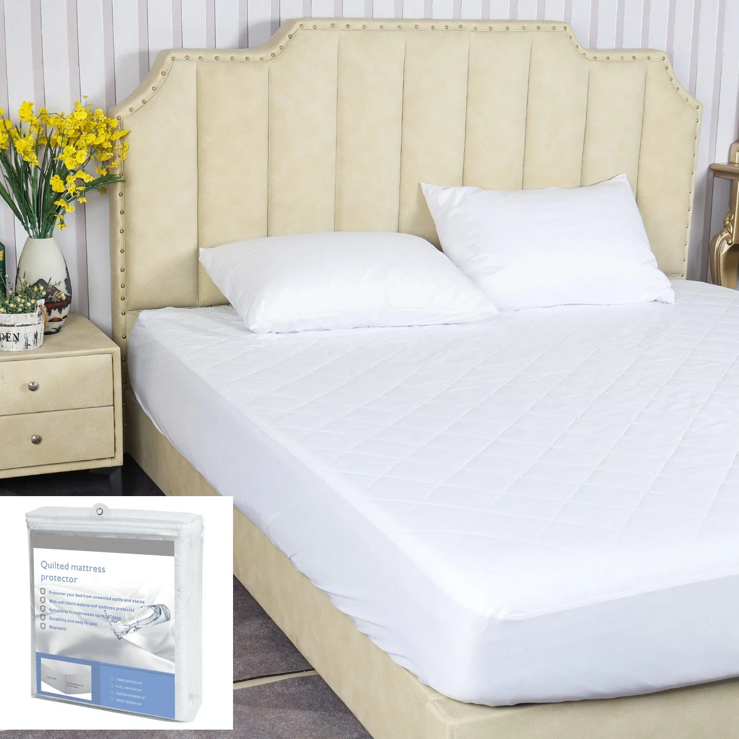 Waterproof Twin Size Quilted Mattress Protector Machine Washable Cotton Mattress Cover for Bed
