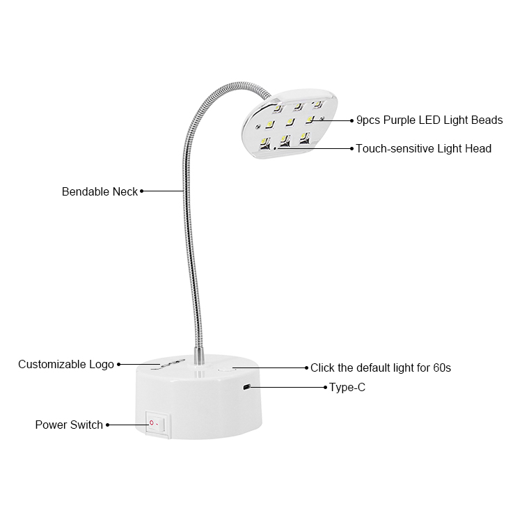 Flexible Gooseneck 9W Wireless Mini Nail Lamp UV LED Nail Glue Dryer Lamp