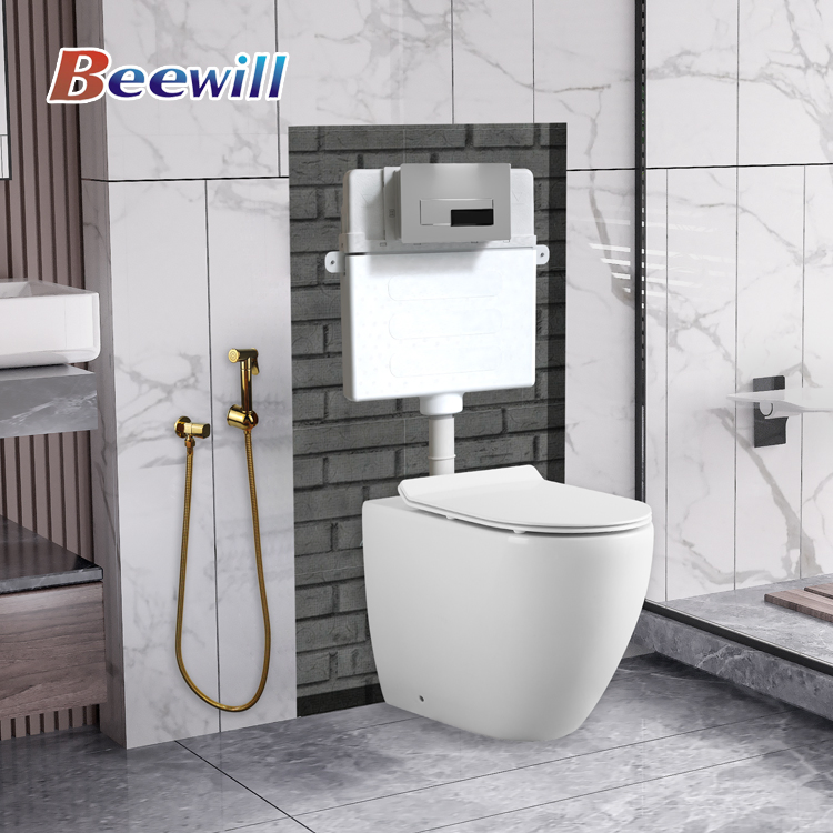 Bathroom Frameless Concealed Wall Mounted HDPE Cistern Ceramic Toilet