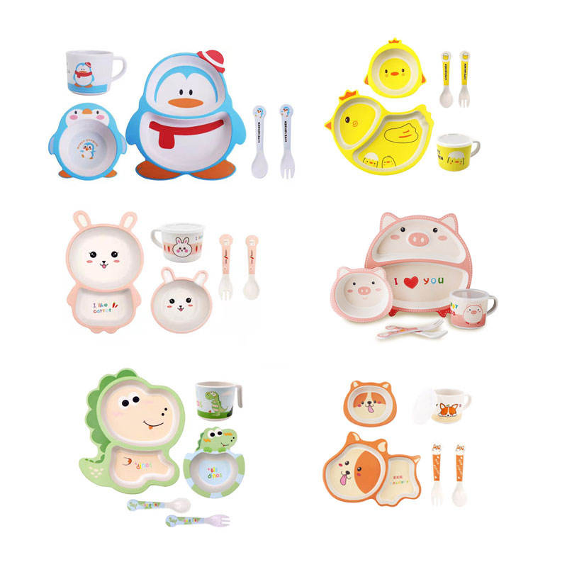 Bamboo Fiber Children Tableware Kids Plates and Bowls Biodegradable Baby Feeding Dishes 5PCS Cartoon Divided Plate Set