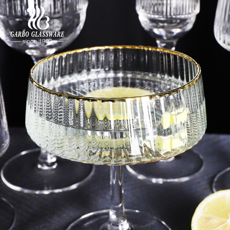 Modern Gold Rim Ribbed Glass Wine Decanter Stemware Goblet Barware Ribbed Wine Glass