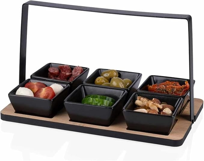 7 PCS Wooden Appetizer Serving Snacks Dips Platter Tray Set with Metal Holder Kids Olives, Nuts Dips, Snacks Serving Tray