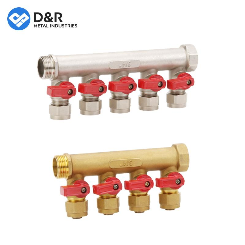 D&R Factory Manufacture High Quality Water Ball Valve Brass Floor Heating Manifold Brass Manifold 2/3/4/5/6 Way Brass Manifold