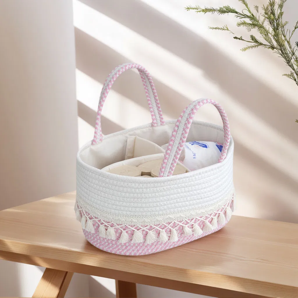 Large Portable Cotton Rope Diaper Caddy Cute Collapsible Tote Baby Basket Middle Partition Toy Laundry Storage Basket