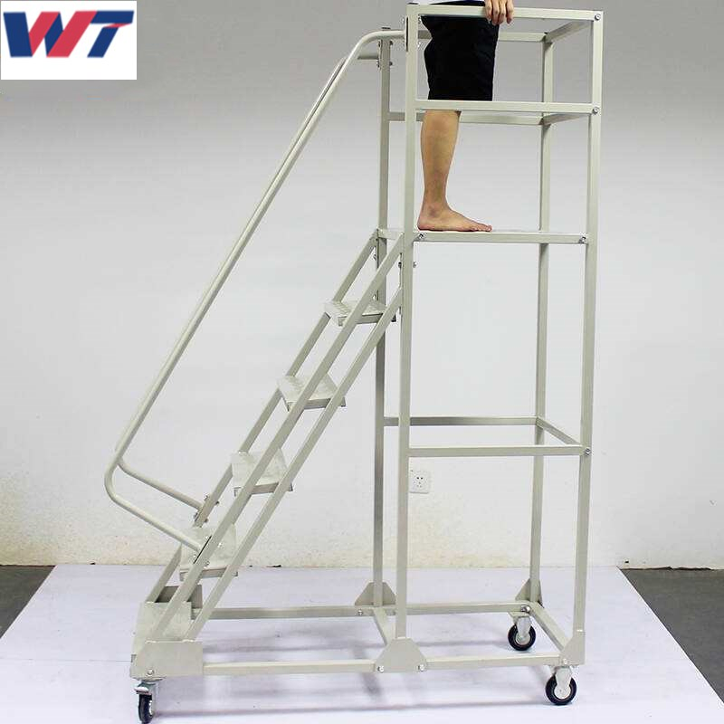 Warehouse Steel Safety Rolling Mobile Platform Ladder with Handrails