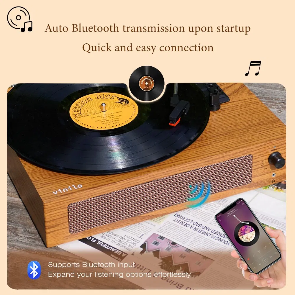 Wooden Box Style Bluetooth Turntable Music Gramophone 3 Speed Vintage Vinyl Lp Record Player with Auto Stop Function