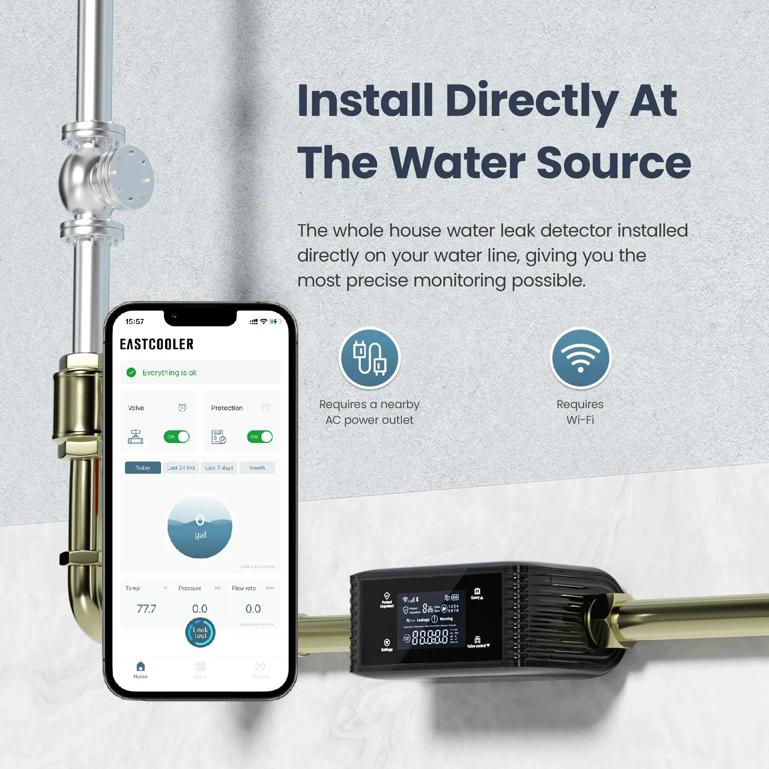 Smart APP Control Instant Alert Auto Closure Automatic Shutoff Valve Water Leak Detector