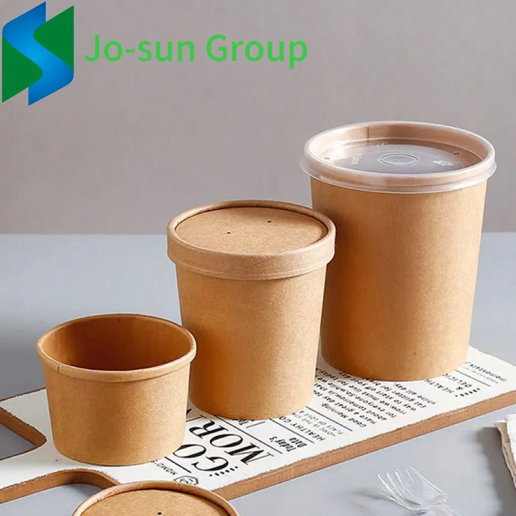 Jo-Sun Factory Outlet Biodegradable Disposable Kraft Paper Brown Hot Soup Bucket with Lid