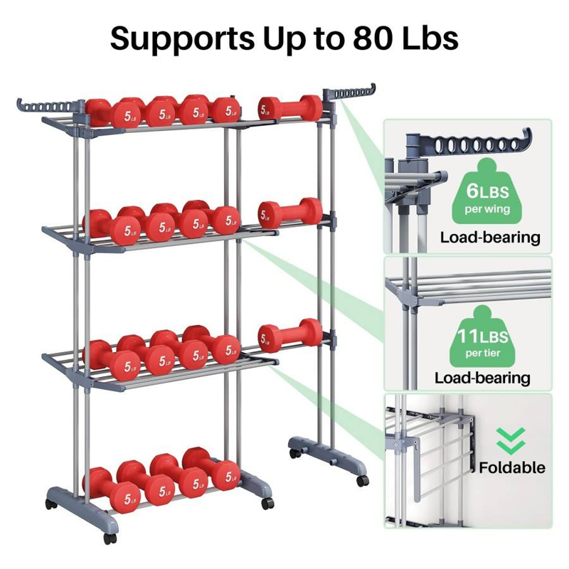 Sanipro High Quality 4-Tier Folding Clothing Hanger Indoor/Outdoor Multifunction Adjustable Clothes Drying Rack with Wheels