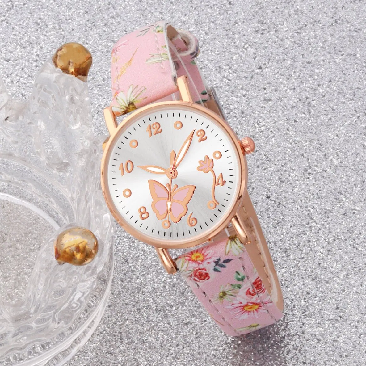 Romantic and Casual Women's Floral Print Watch and Butterfly Jewelry