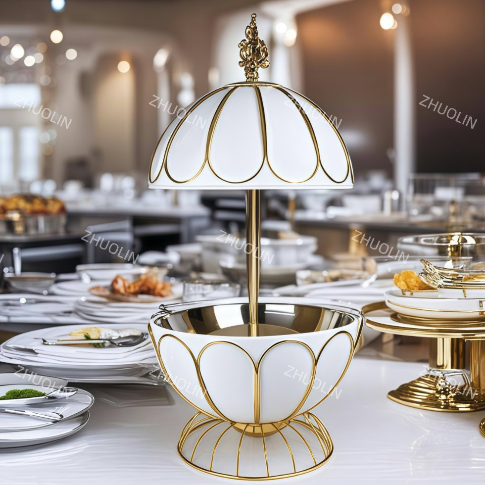 Luxury Commercial Hotel Restaurant Food Warmer 8L White Gold Chafing Dish Floral Buffet Equipment Chaffing Dish Set with Hanging Lid