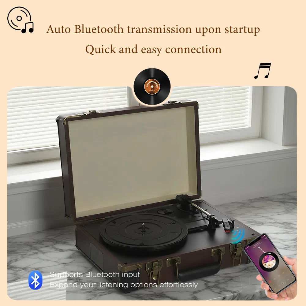 Classic Retro Brown Suitcase Leather Vinyl Record Player HiFi Stereo Wireless Bluetooth 5.0+ Speaker Turntable Player
