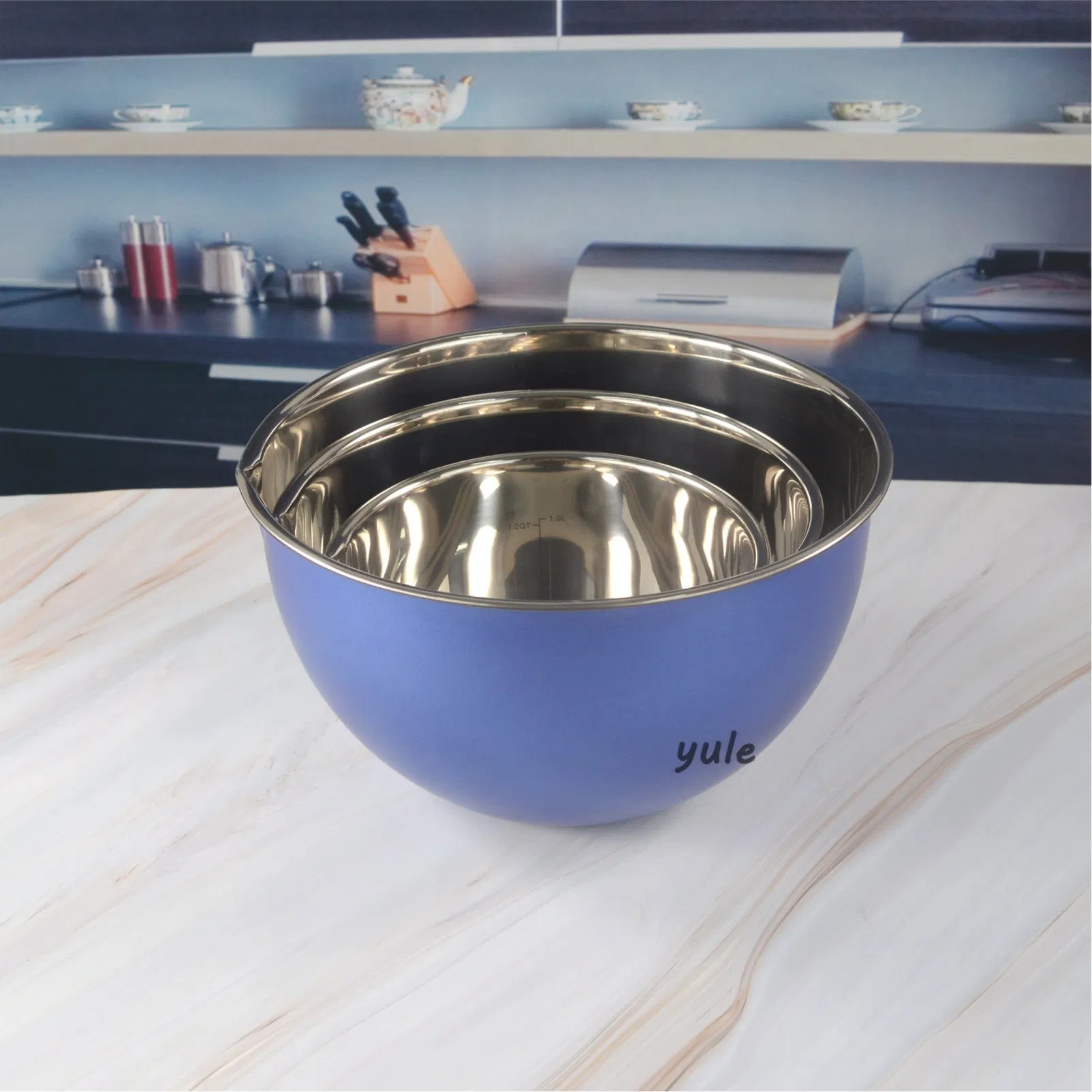 Blue Color Painting Noodle Bowl Storage Fruit Food Serving Foldable Stainless Steel Colorful Coating France Mixing Bowl