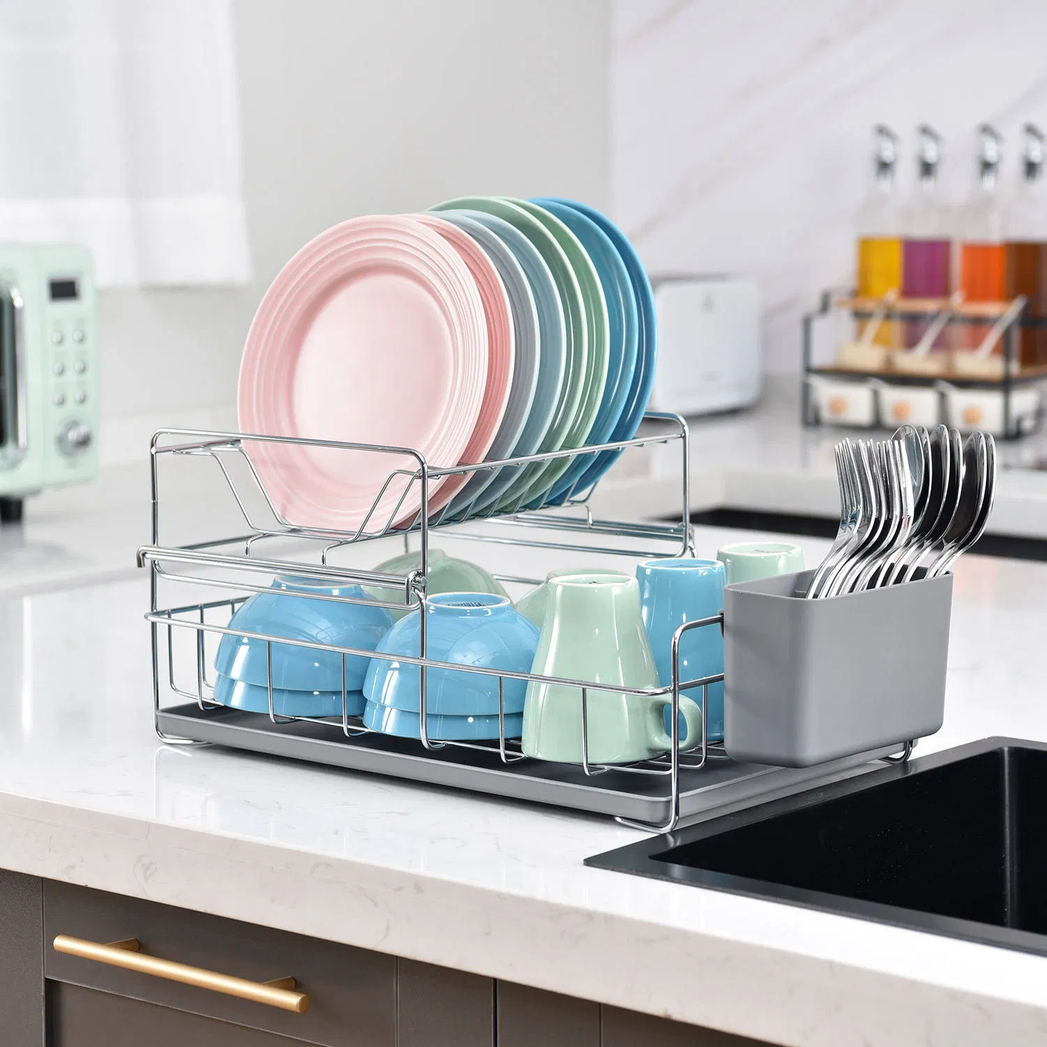 Двухуровневая сушилка для посуды с крючками