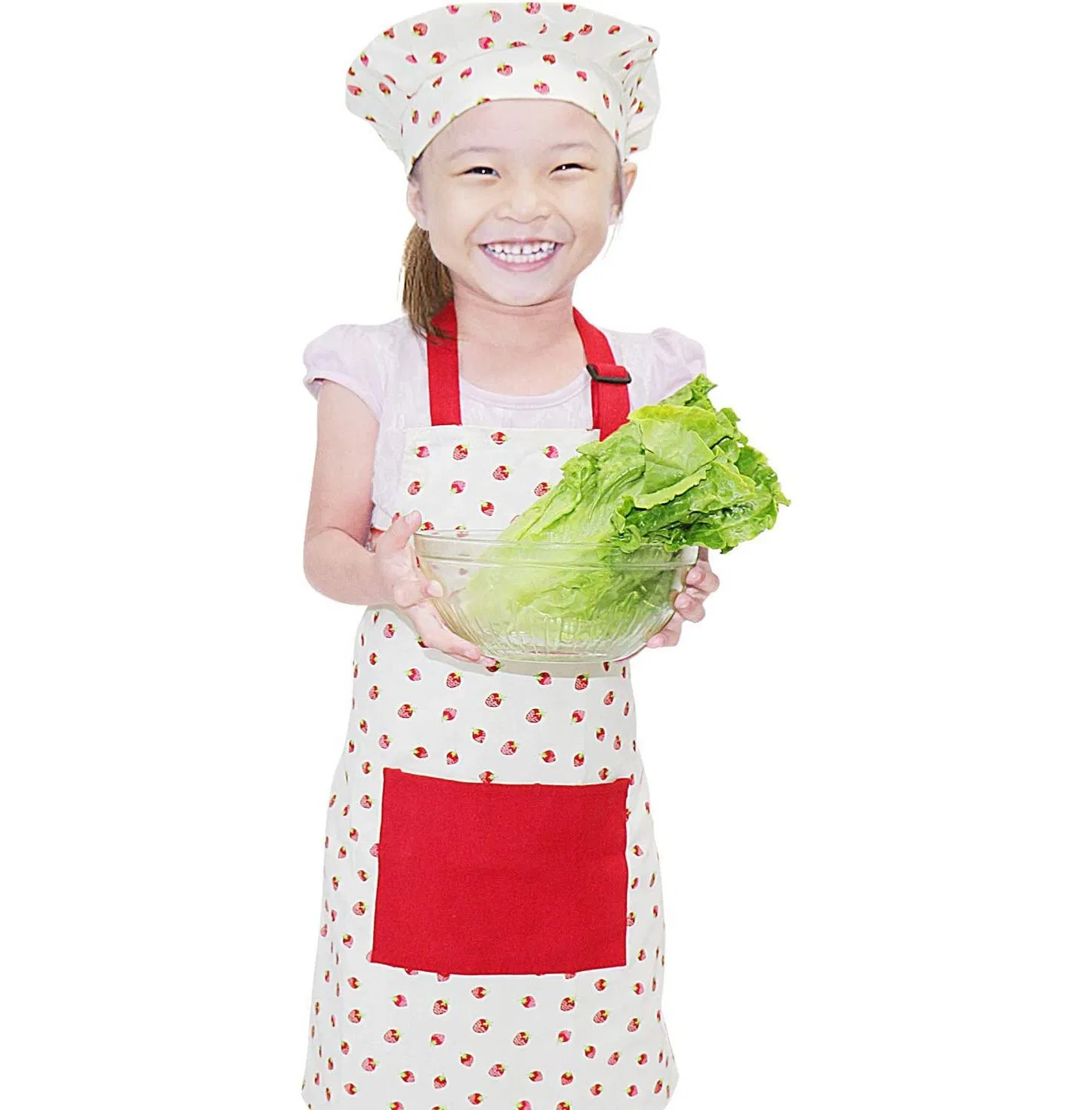 Red Strawberry Kids Chef Bakeware Cookware Textile Set Children Cooking Play Kitchen Protect Baking Aprons Chef Hat and Sleeves