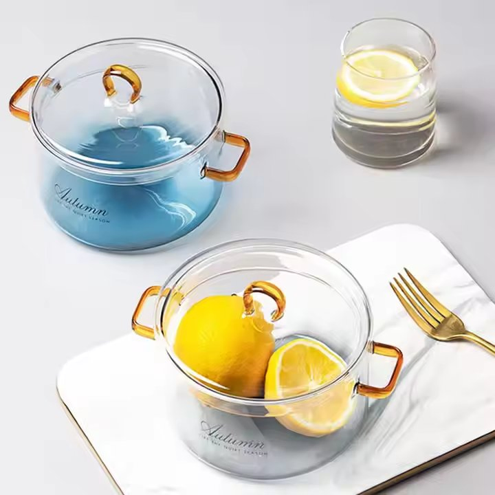 High Borosilicate Blue Gradient Glass Cooking Pot with Two Ears for Long Heat Resistance