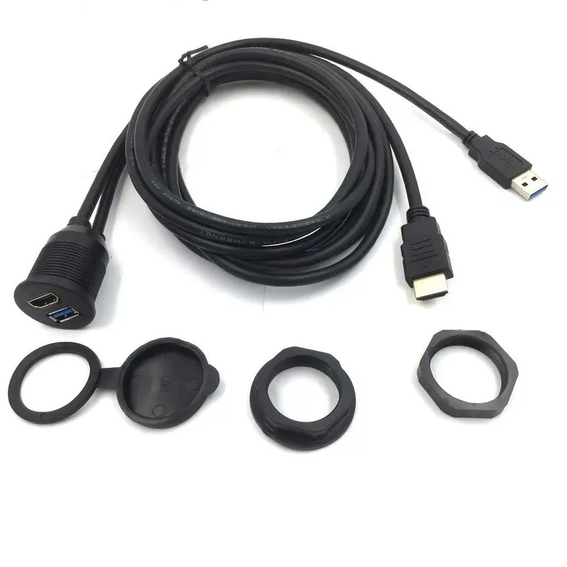 Hot Sale High Speed HDMI USB3.0 Car Front Panel Mount Cable HDMI USB3.0 Male to Female Waterproof Extension Cable