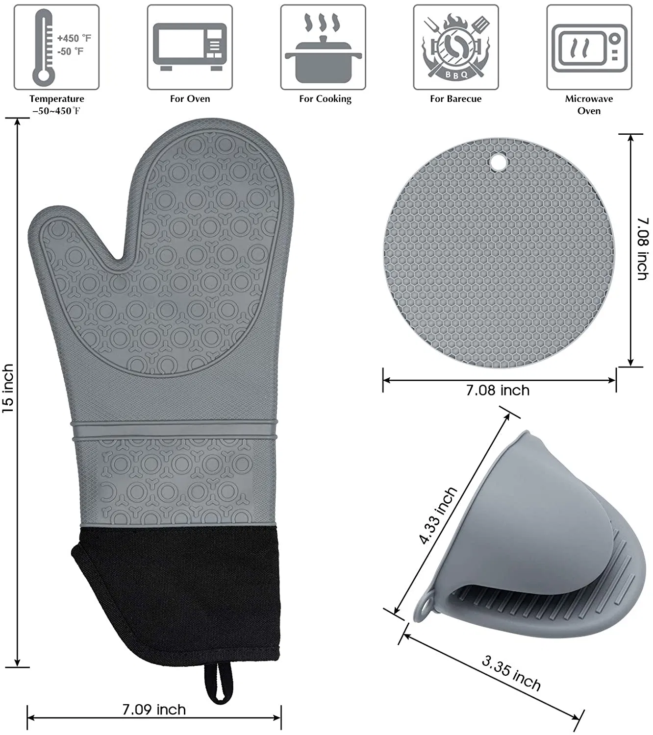 Silicone Oven Mitts and Pot Holders Set, 6 Piece Set with 2 Hot Pads, Heat Resistant Professional Silicone Oven Mitts for Grilling