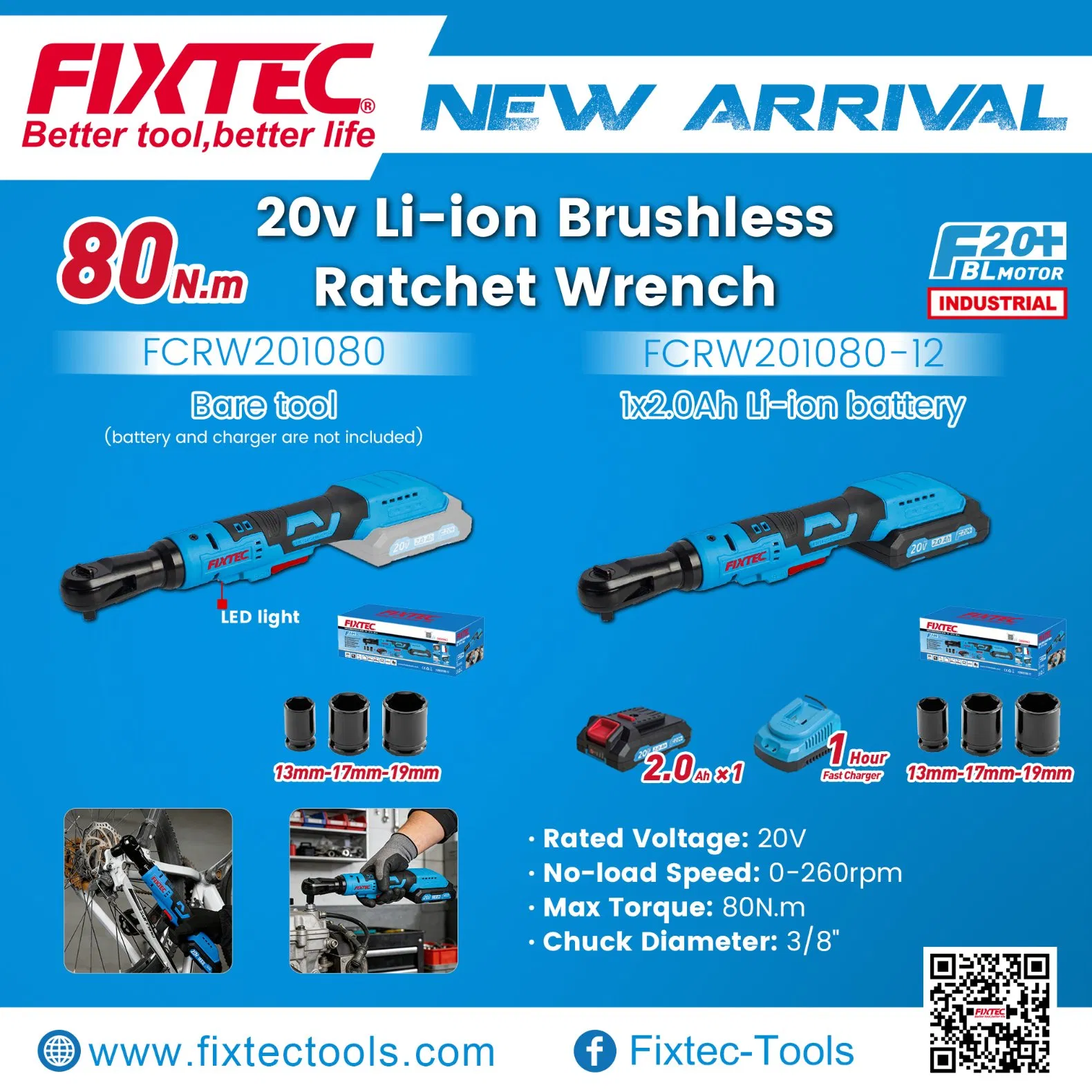 Fixtec 20V Cordless Power Tool Set Charger Batteries Household Ratcheting Wrench 3/8" Variable-Speed Ergonomics Ratchet Wrench Kit