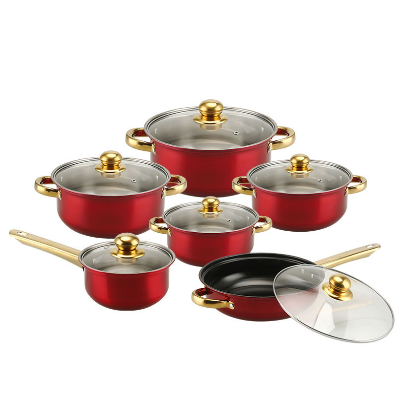 12-PC Multicolor Ss Non-Stick Set W/ Gold Handles & Wok Cookware Set