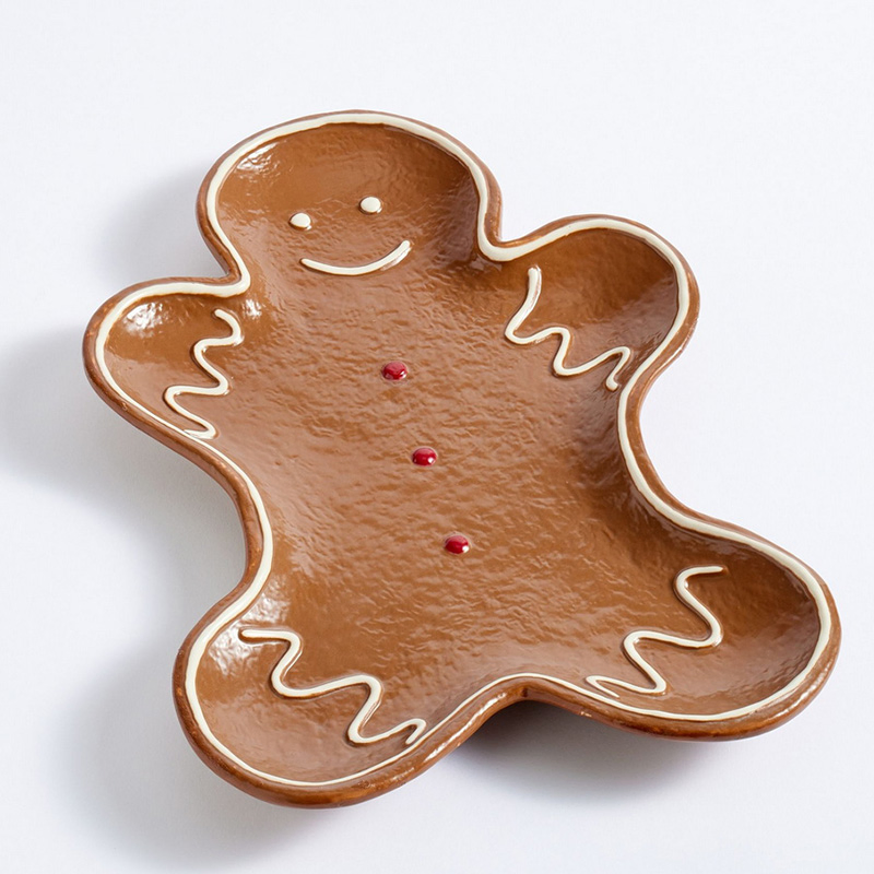 Gingerbread Man Shaped Ceramic Christmas Plate Handpainted Ceramic Cookies Plate Festive Decor