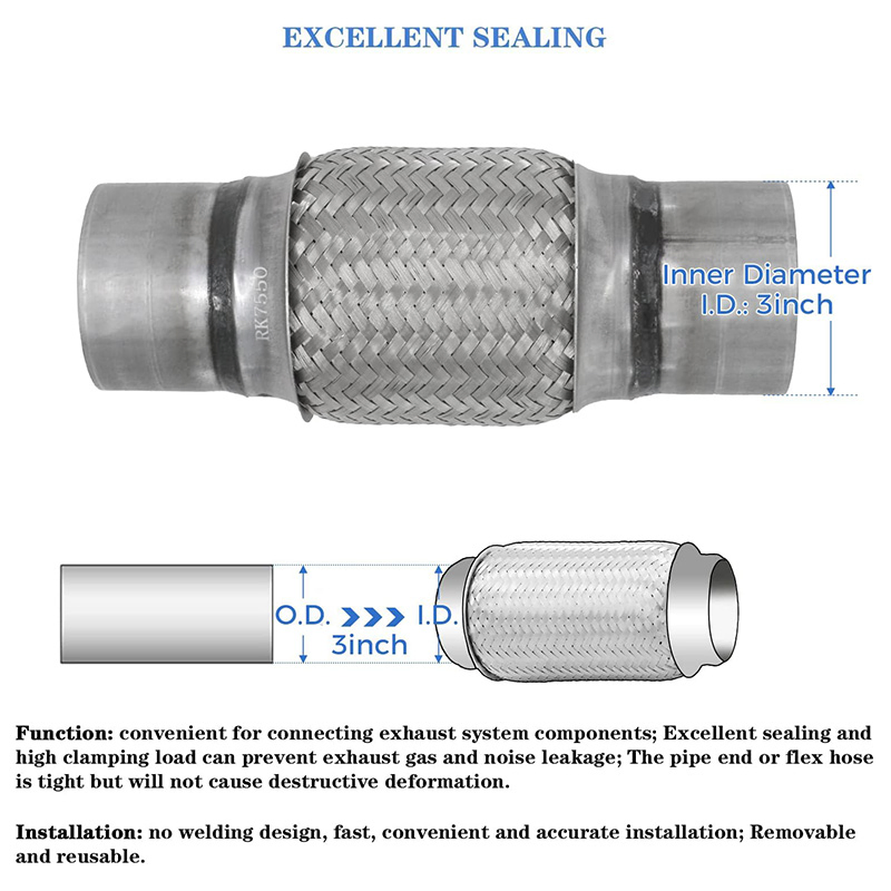 3" x 6" Heavy Duty Stainless Steel Exhaust Flex Pipe, 10" Overall Length