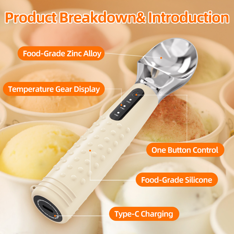 Waterproof Heated Ice Cream Scoop Electric Warming Scooper 3 Temperature Levels 2600mAh Fast Heating for Hard Ice Cream