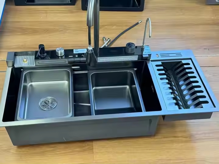 Waterfall Style Undermount Stainless Steel Kitchen Sink with Multifunction Dish Rack