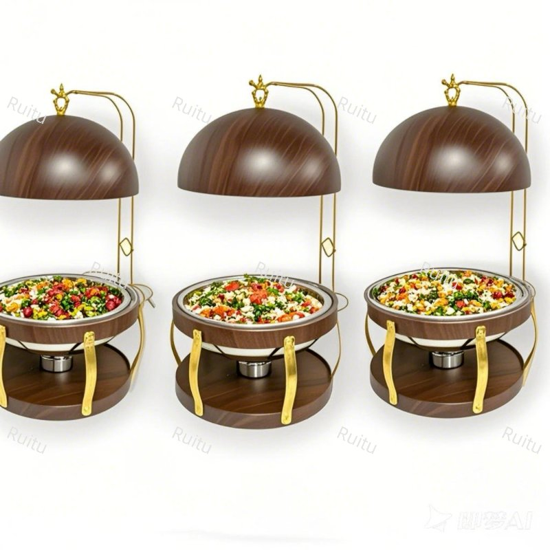Five Star Certified Fuel Efficient Cheffing Stainless Steel Ornate Brass Hanging Shaffing Dishes Buffet Food Warmer Suspended Wooden Chafing Dish