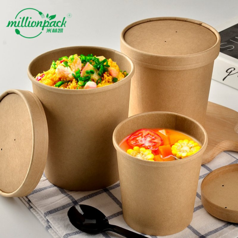 Disposable Kraft Paper Soup Cup with Lid for Takeaway Restaurant and Cafe
