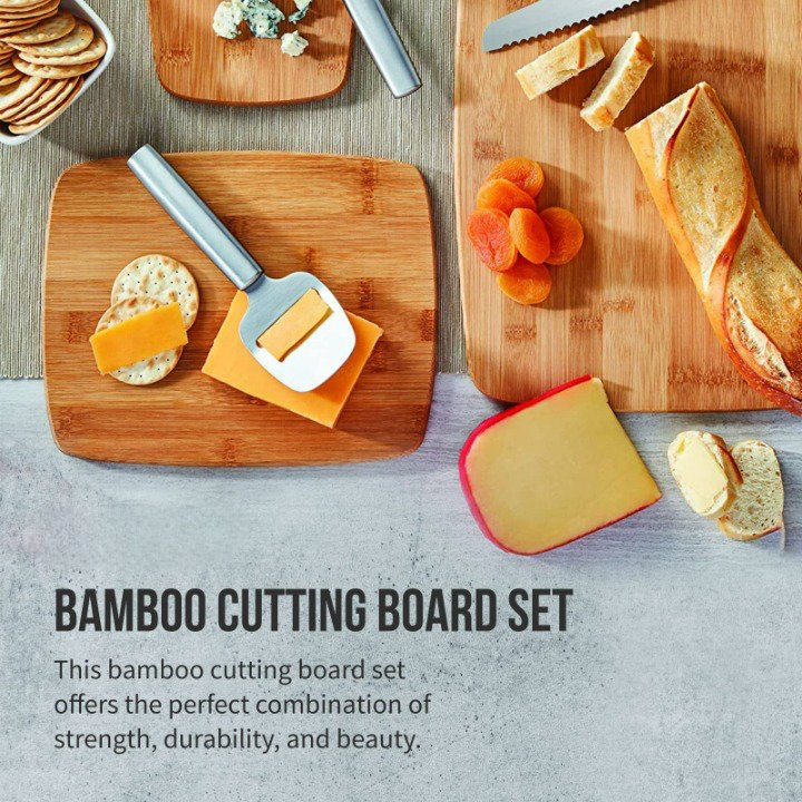 3-Piece Kitchen Chopping-Boards-Set Reversible Meal-Prep and Serving Charcuterie Wood Assorted Sizes Bamboo