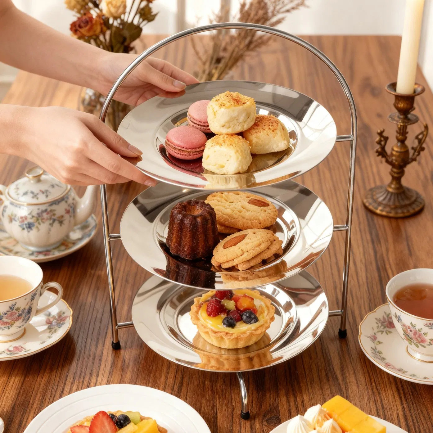 Stainless Steel Tiered Cake Stand for Buffet, Party, Wedding and Home Afternoon Tea Use
