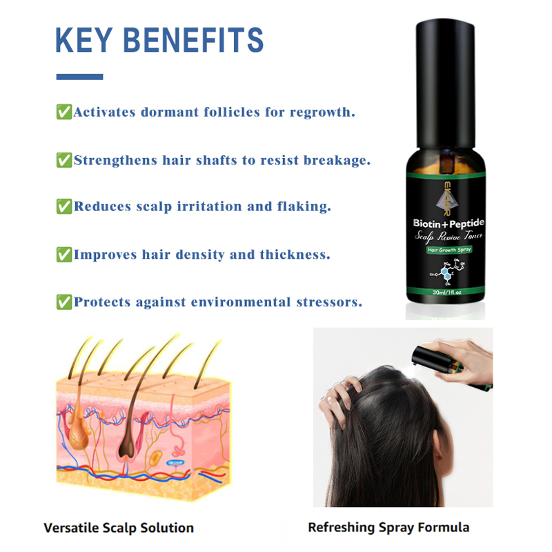 Natural Organic Vegan Hair Growth Serum Treatment Scalp Revive Toner Anti Loss Biotin Peptide Scalp Care Spray