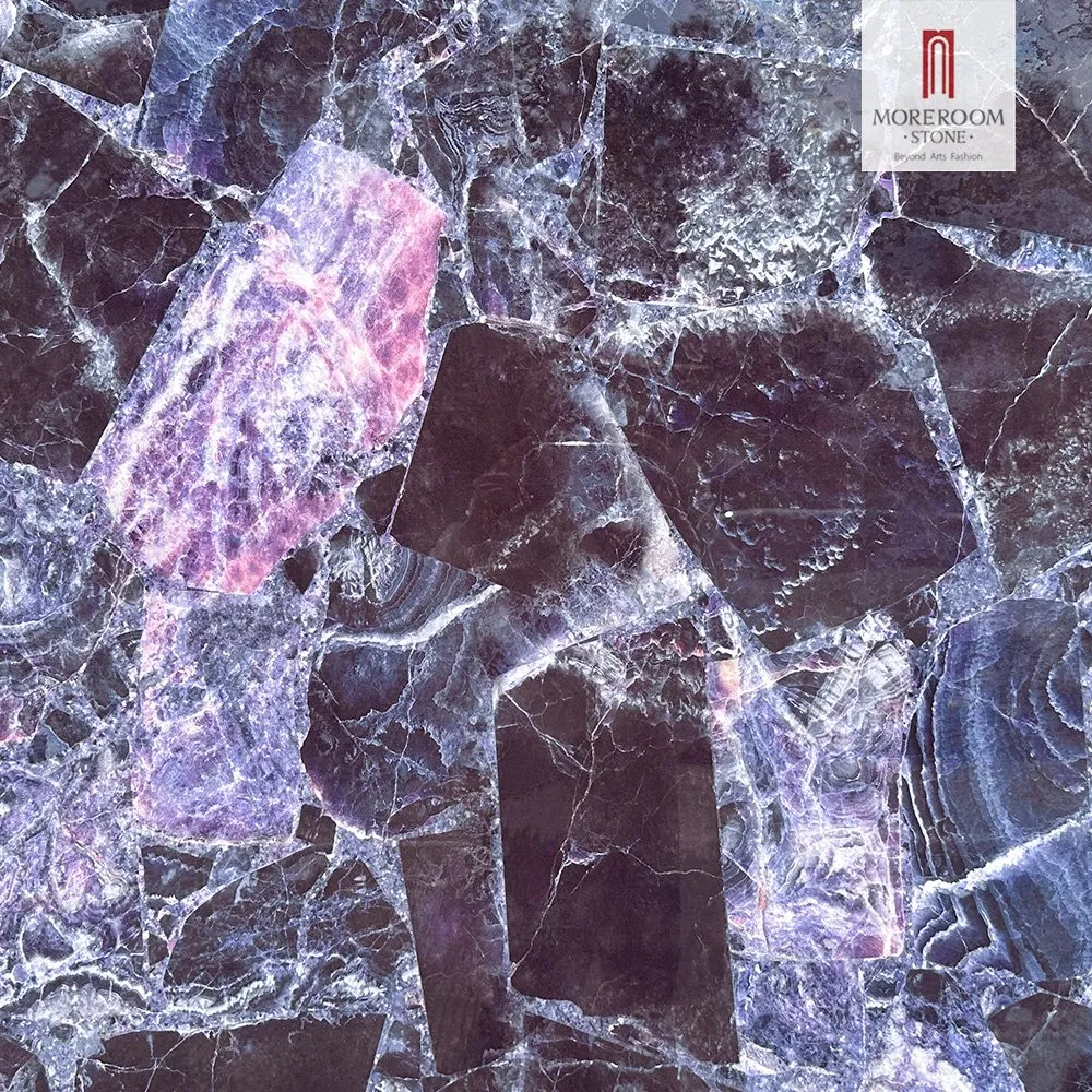 1200X2800mm Luxury Artificial Semi Precious Gemstone Slabs Purple Agate Stone for Wall Decoration
