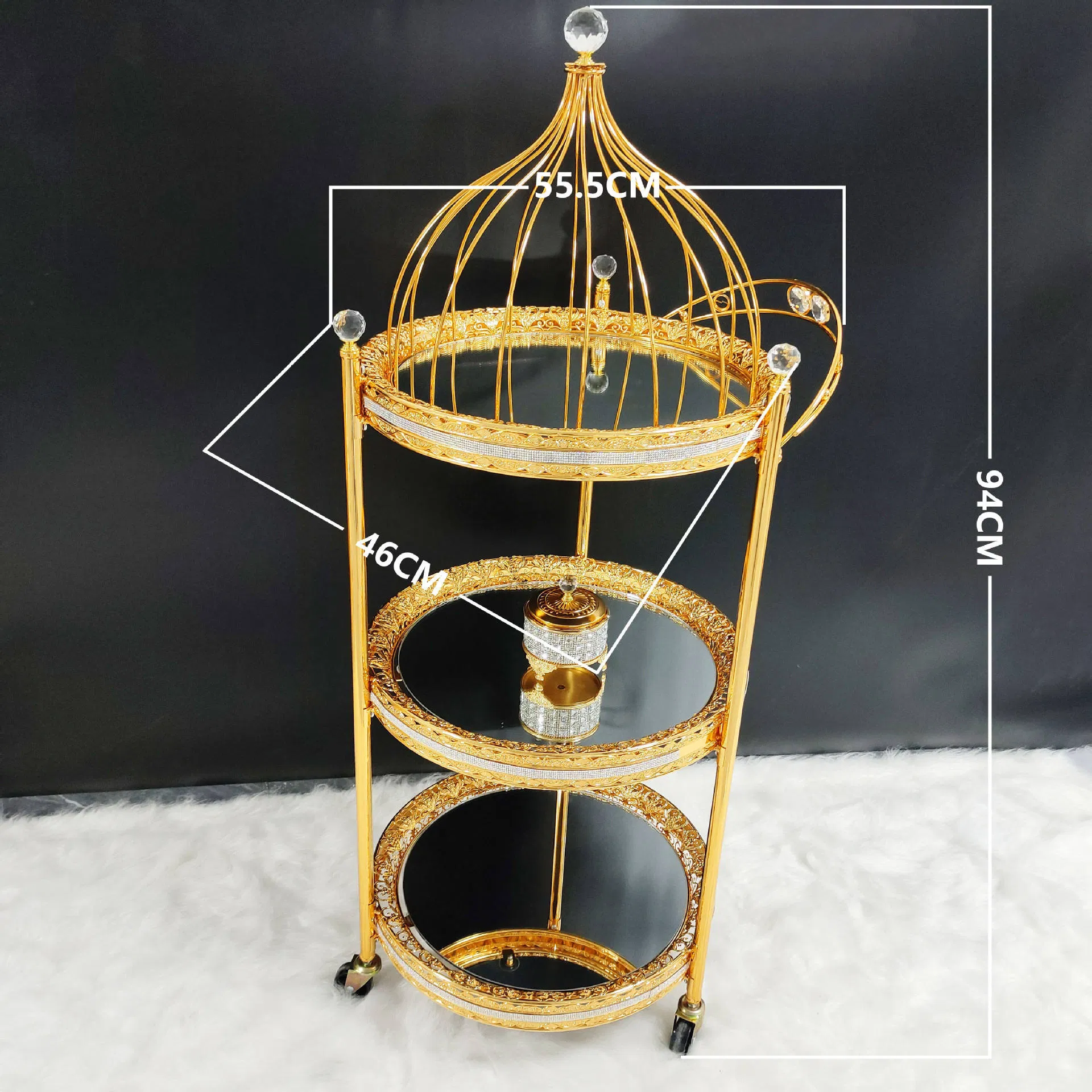 Hotel Dining Cart Golden Party Wedding Banquet Wine Cart Metal Handcart